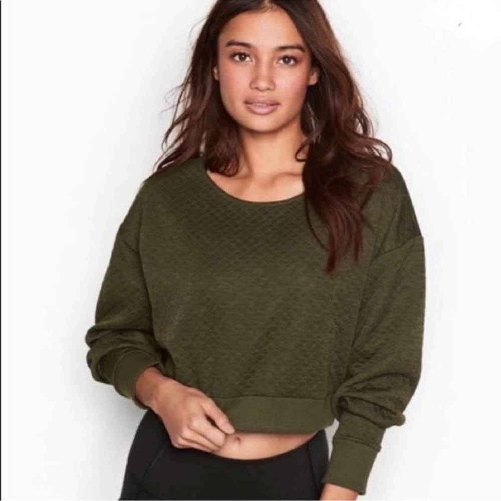 Victorias Secret Sport Quilted Crop Top Sweater Sweatshirt Olive Green Small